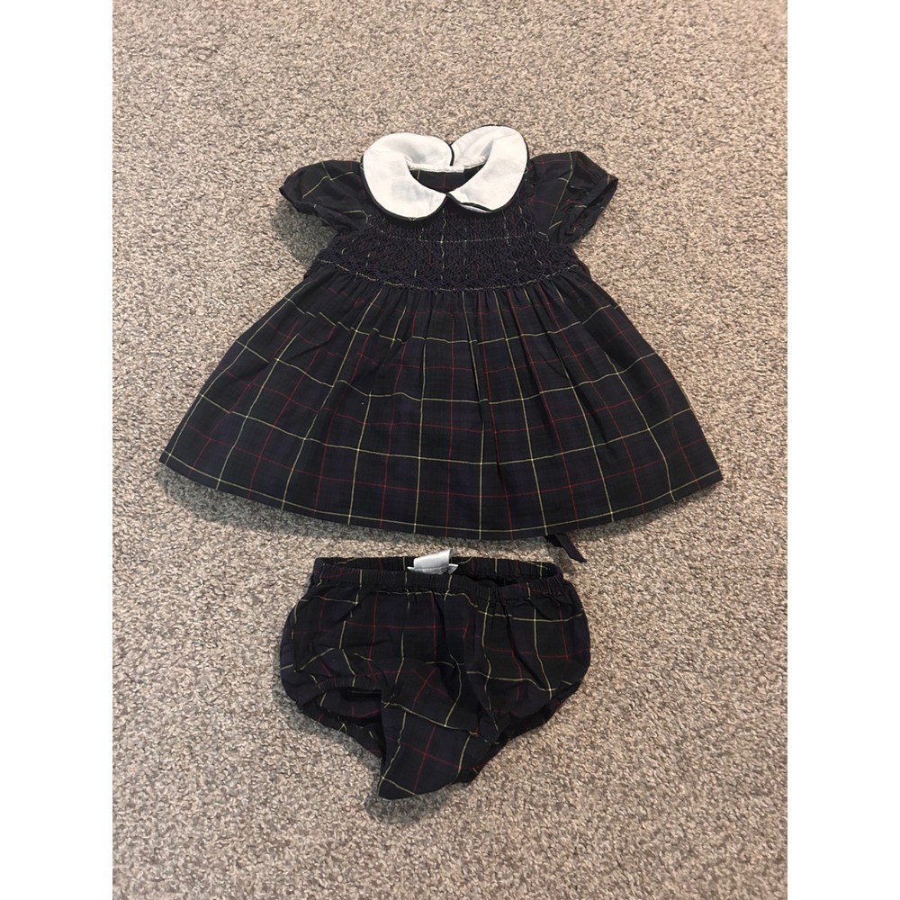 Ralph Lauren Baby Girl Navy Blue Plaid Smocked Dress and Bloomers Set 3M